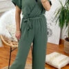 Combinaison Femme Verte -Mode de luxe combinaison pantalon fluide vert militaire 4046