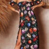 Robe Longue Fleurie Fendue -Mode de luxe robe longue fente a fleur 1137 noir